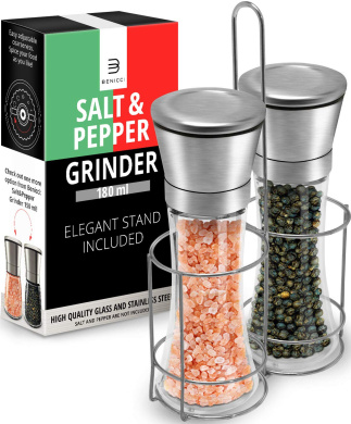 Salt and Pepper Grinder GeeRic 2PCS Salt Pepper Grinder Mill Set Stainless Steel Easy Adjustable Ceramic Coarseness Tall Glass Seasoner Spices Shakers 180ML 2 Cleaning Brushes