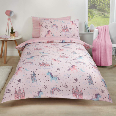 LAYENJOY Unicorn Duvet Cover Set Twin 100/% Cotton Bedding Cartoon Unicorn Pony Rainbow Cloud Castle Pattern on Pink Red 1 Cute Comforter Cover 2 Pillowcases for Kids Teens Girls