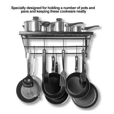 Pan Pot Rack Metal Wall Mount Pan Pot Rack Cookware Hanging Organizer Kitchen Utensils Hanger Cooker Shelf With 10 Hooks For Home Kitchen Black 62x25 5x25cm Animatolka Pl